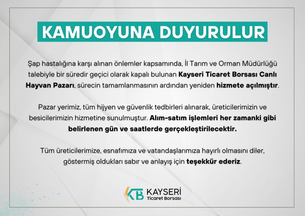 Kayseri Ticaret Borsası’ndan duyuru