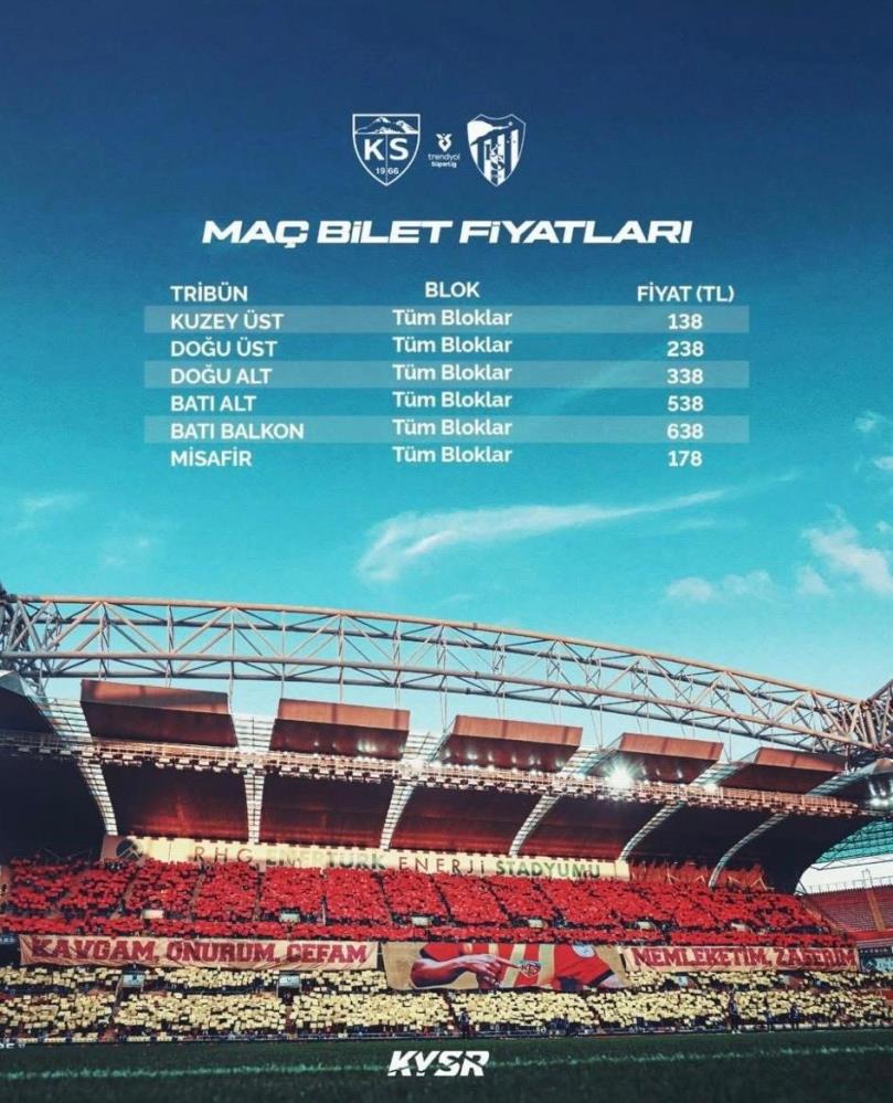 Kayserispor-Kocaelispor maçının bilet fiyatları belli oldu