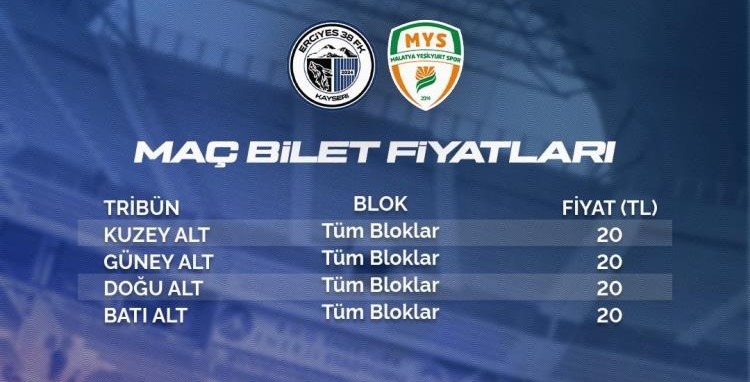 Erciyes 38 FSK-Malatya Yeşilyurtspor maç bileti 20 TL