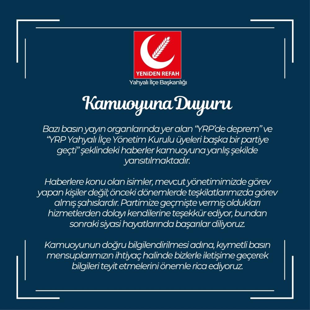 YRP Kayseri İl Başkanlığı’ndan kamuoyu açıklaması