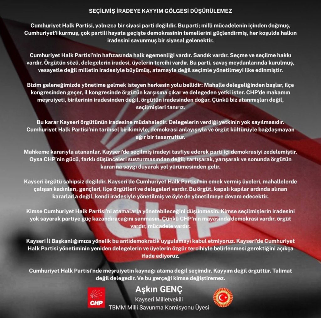 CHP Kayseri Milletvekili Aşkın Genç’ten Görevlendirme Kararına Tepki